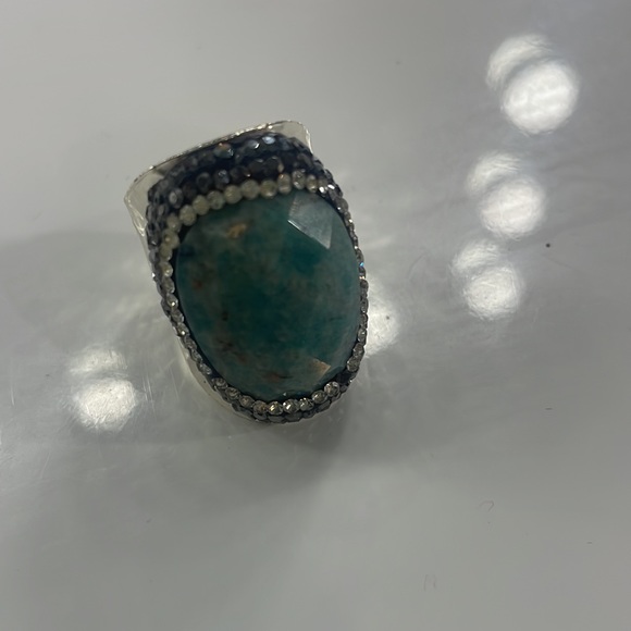 Amanzonite faceted cocktail ring, silver, turquoise,AdjustableSize 6.5 - Picture 5 of 6